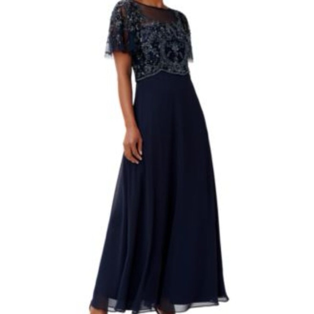 Adrianna Papell Elegant Navy Blue Beaded Evening Gown